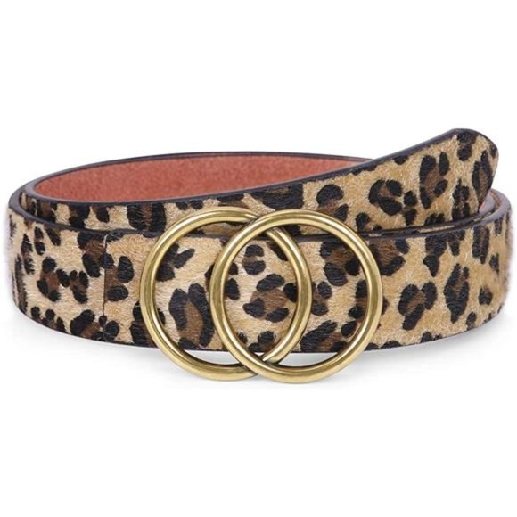 Women’s Leather Ring Belt for Jean, Mothers Day Gifts Double Circle Buckle Belts